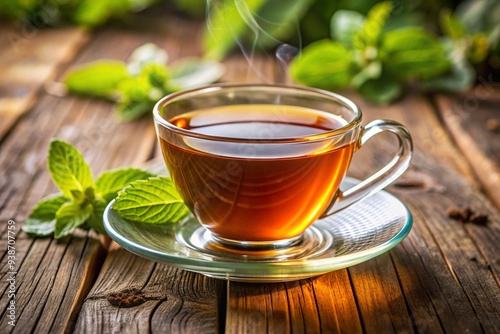 A white tea cup with a green mint leaf on top of it