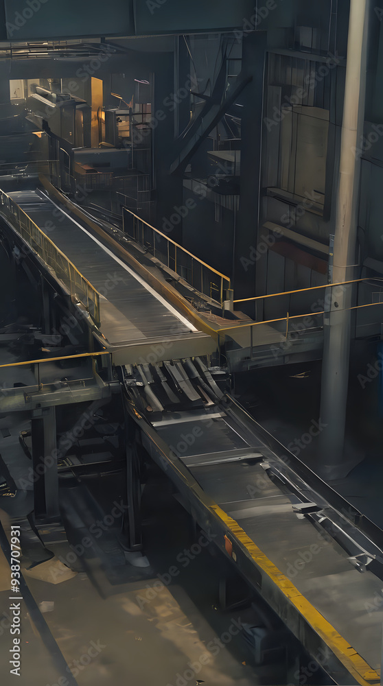 a conveyor belt in a factory with a conveyor belt in the foreground a conveyor belt in a factory with a conveyor belt in the foreground