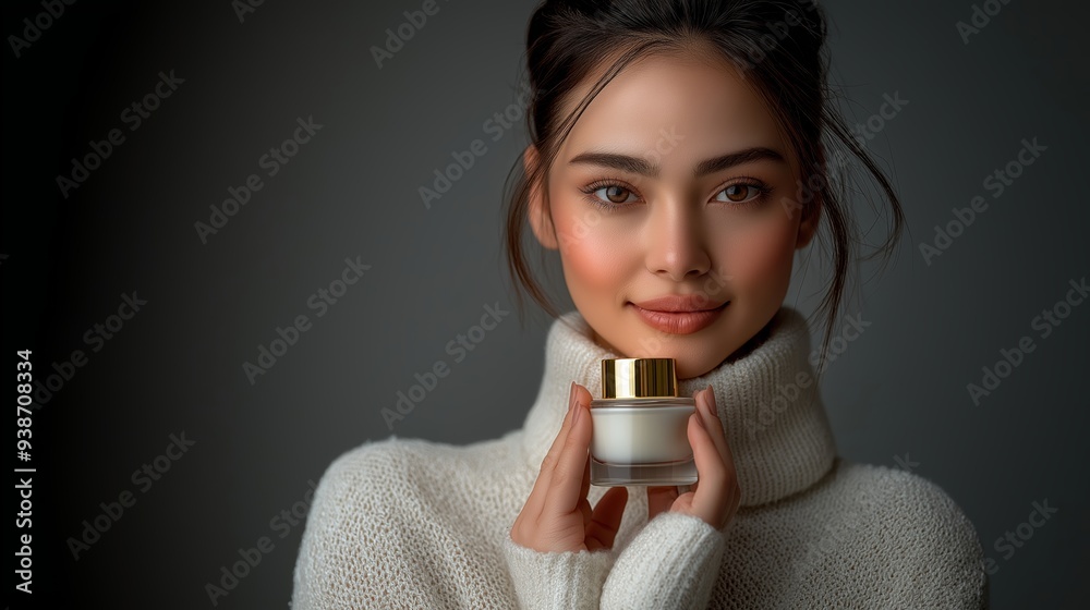 Woman in cozy sweater holding a skincare product jar, promoting self-care and beauty routine. Perfect for beauty and lifestyle themes. Woman in cozy sweater holding a skincare product jar, promoting self-care and beauty routine. Perfect for beauty and lifestyle themes.