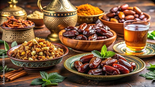 Traditional Arabic dishes served during Ramadan with dates, almonds, and a variety of delicious foods, Ramadan, Arabic cuisine photo