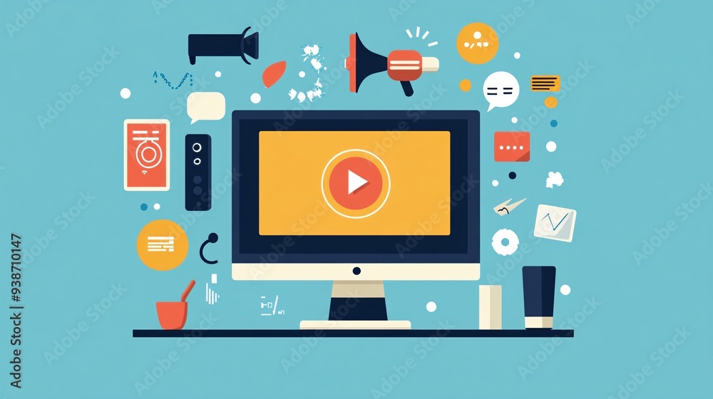 Flat design illustration of a video call with various communication tools in use Flat design illustration of a video call with various communication tools in use