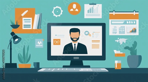 Illustration of a professional video call with a focus on collaboration tools