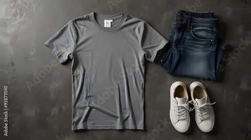 T shirt jeans and white sneakers on gray background.generative.ai 