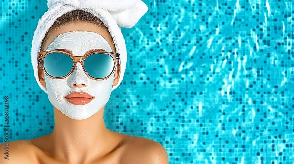 Beautiful model in a sheet mask, sunglasses and towel on her head against the backdrop of blue pool tiles. Summer vacation and cosmetic treatment concept. Lifestyle portrait for poster, commercial Beautiful model in a sheet mask, sunglasses and towel on her head against the backdrop of blue pool tiles. Summer vacation and cosmetic treatment concept. Lifestyle portrait for poster, commercial