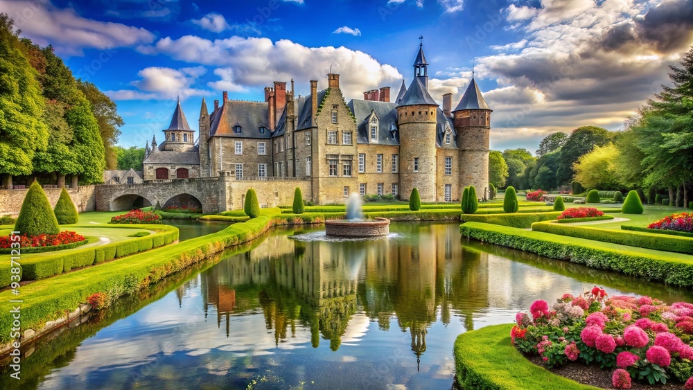 Obraz premium Beautiful castle surrounded by lush gardens and a sparkling moat, fairy tale, princess, magical, fantasy, medieval
