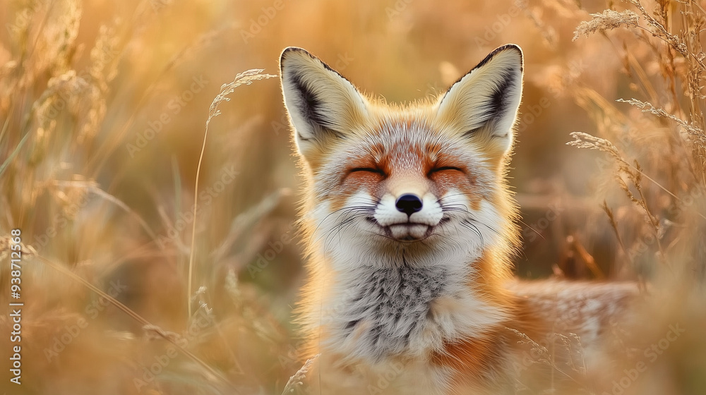 Obraz premium Adorable Fox Smiling in the Grass: Warm-Toned Wildlife Photography