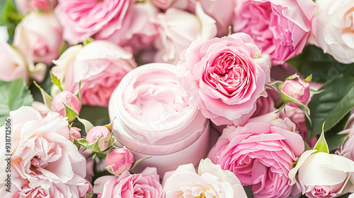 Face cream moisturizer jar on floral background. Cosmetic branding, toiletries and skincare concept