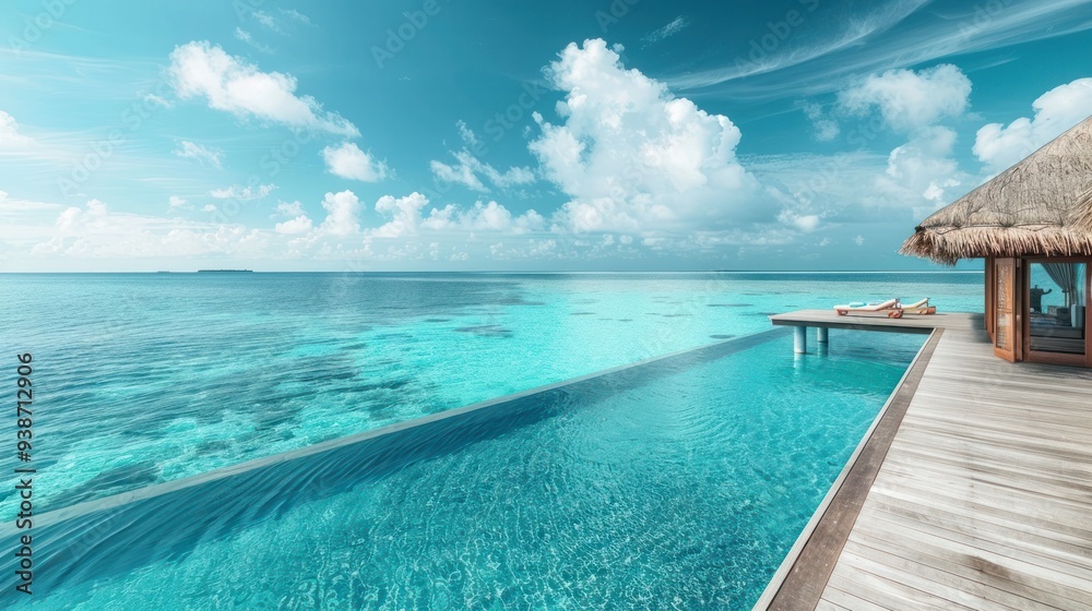 Fototapeta premium A luxurious overwater bungalow with a private infinity pool, nestled amidst the turquoise waters of the Maldives.