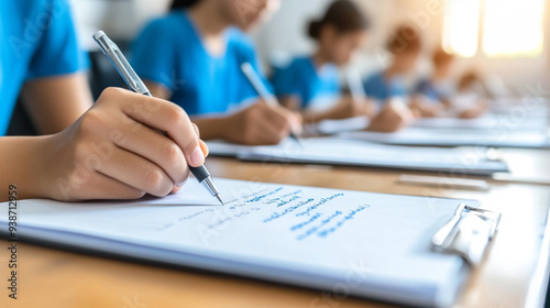 Close-up of a student's hand writing on paper with a pen. The focus is on the hand and pen, suggesting concentration, learning, creativity, education, and personal expression