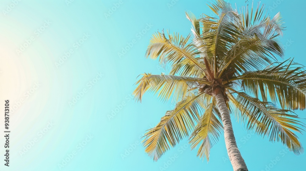 A majestic coconut palm tree swaying gently in the breeze, its fronds reaching towards the clear blue sky. A majestic coconut palm tree swaying gently in the breeze, its fronds reaching towards the clear blue sky.