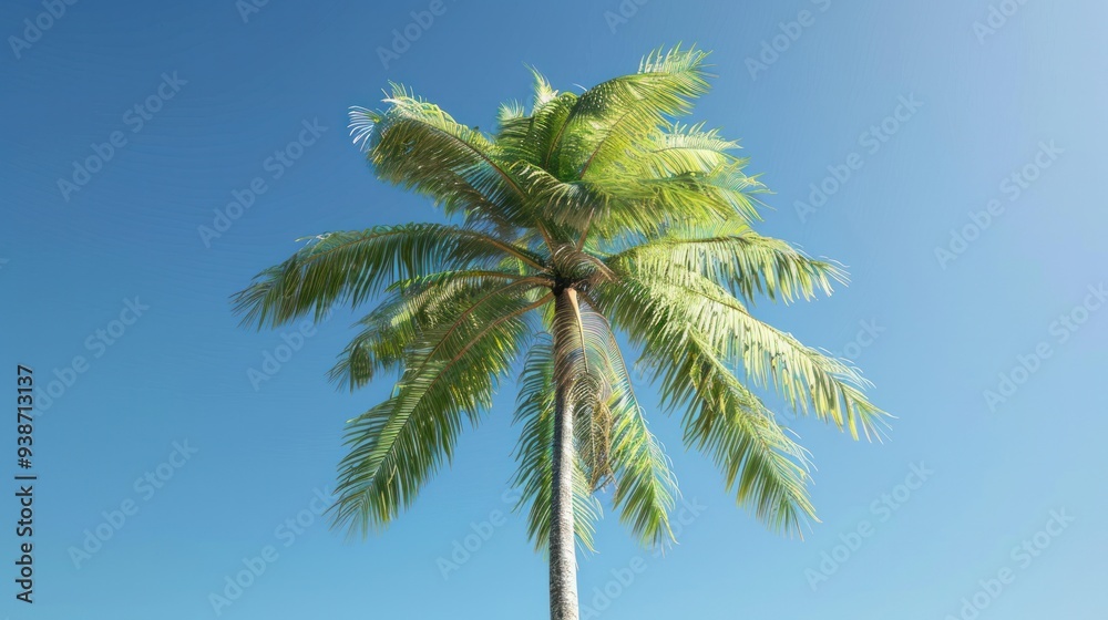 A majestic coconut palm tree swaying gently in the breeze, its fronds reaching towards the clear blue sky. A majestic coconut palm tree swaying gently in the breeze, its fronds reaching towards the clear blue sky.
