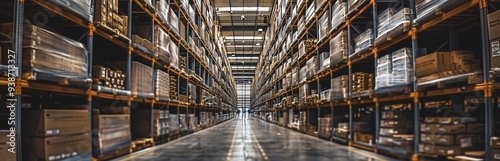 distribution warehouse with rows of towering shelves filled with boxes