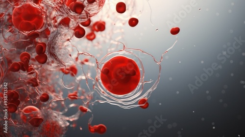 A mesmerizing droplet of blood suspended in mid-air, captured under a high-powered microscope, showcasing the delicate dance of blood cells.