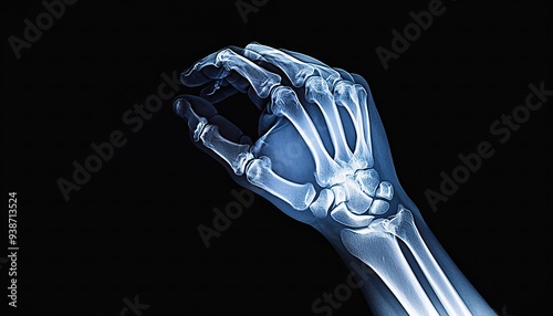 3D x-ray of a human hand showing bone structure and joint health