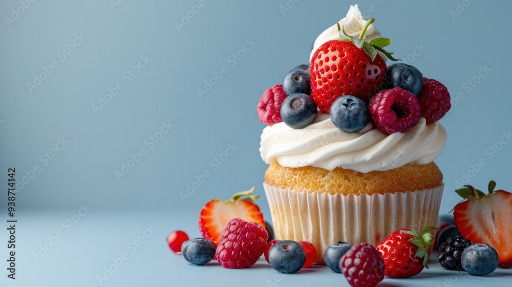 A mouthwatering vanilla cupcake topped with a cascade of fresh strawberries, blueberries, and raspberries A mouthwatering vanilla cupcake topped with a cascade of fresh strawberries, blueberries, and raspberries