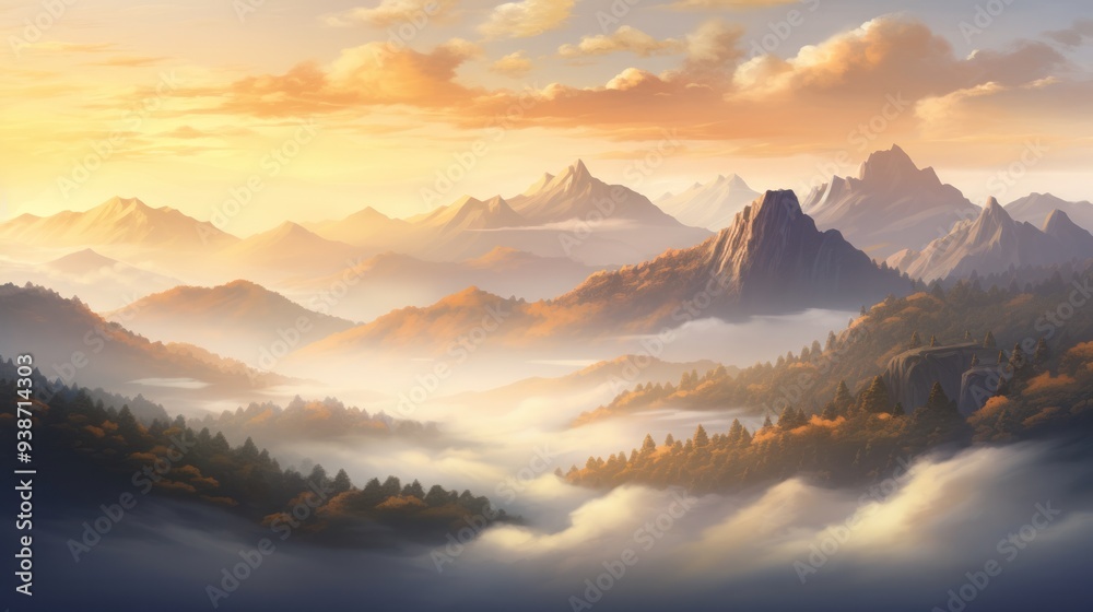 A panoramic view of a vast mountain range bathed in the golden hues of sunset, with the fog creating a mesmerizing interplay of light and shadow. A panoramic view of a vast mountain range bathed in the golden hues of sunset, with the fog creating a mesmerizing interplay of light and shadow.
