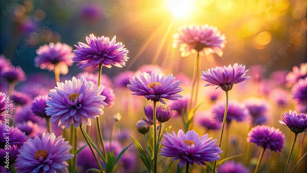 Fototapeta premium Beautiful oil painting of purple flowers basking in the warm sun rays , sunny, flower, landscape, oil painting, purple