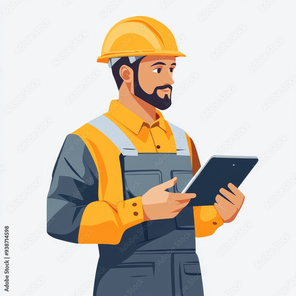 Construction Worker in Safety Gear Holding Tablet: Modern Jobsite Efficiency and Digital Tools Construction Worker in Safety Gear Holding Tablet: Modern Jobsite Efficiency and Digital Tools