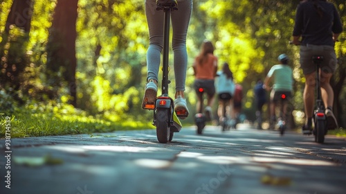Group of People Riding Electric Scooters on Park Path on a Sunny Day