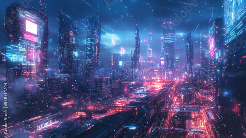 Futuristic Cyberpunk Cityscape with Neon Lights and High-Tech Skyscrapers at Night photo