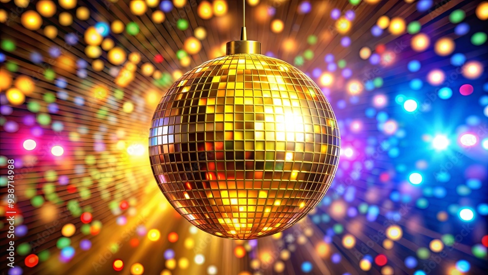 Obraz premium Golden disco mirror ball hanging from the ceiling surrounded by colorful lights , party, dance, club, nightlife, music