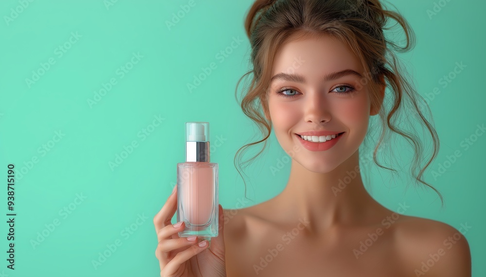 Smiling woman holding a cosmetic bottle against a teal background, representing skincare and beauty products. Perfect for beauty industry promotions. Smiling woman holding a cosmetic bottle against a teal background, representing skincare and beauty products. Perfect for beauty industry promotions.