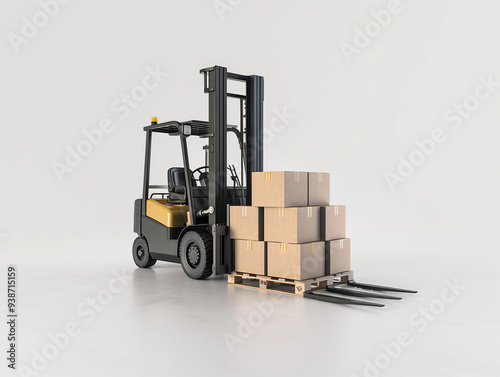 Side angle view of a forklift truck with boxes on pallet