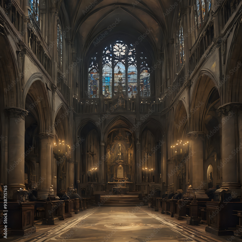 a view of a church with a large stained glass window a view of a church with a large stained glass window