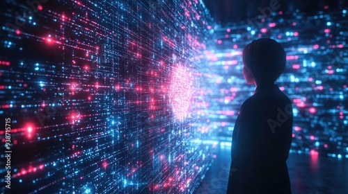 Person Observing Digital Data Wall Illuminated by Red and Blue Light Particles