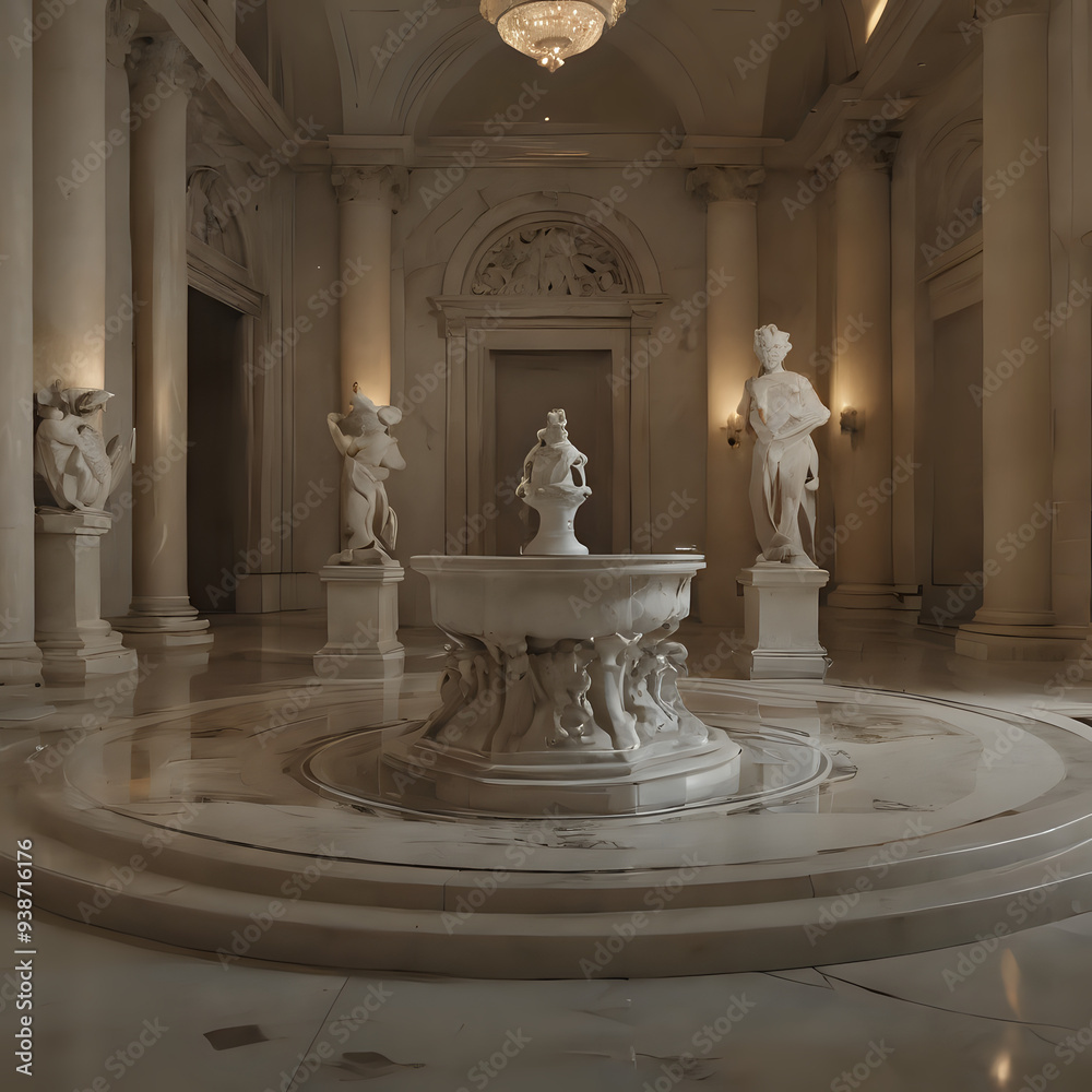 a fountain in a room with statues in it a fountain in a room with statues in it