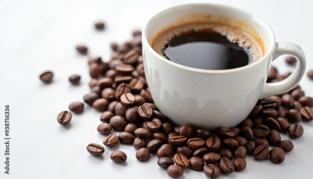 A steaming cup of black coffee surrounded by roasted coffee beans on a white background. A steaming cup of black coffee surrounded by roasted coffee beans on a white background.