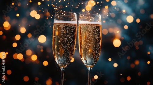 Celebratory Champagne Toast with Sparkling Bokeh Lights in the Background photo