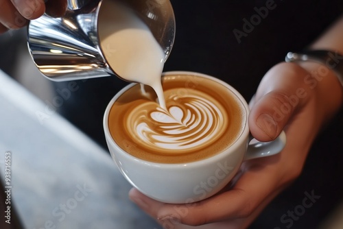 Close-up of a barista creating intricate latte art by pouring milk into a coffee cup. hands holding a white mug, modern cafe background, showcasing the craft of making a perfect cappuccino.