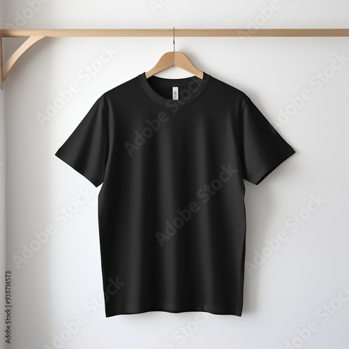 A 3d plain  t-shirt against a white wall. The t-shirt is a simple, classic design with a crew neck and short sleeves.