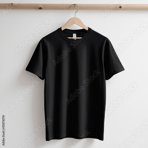 A 3d plain  t-shirt against a white wall. The t-shirt is a simple, classic design with a crew neck and short sleeves.