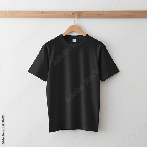 A 3d plain  t-shirt against a white wall. The t-shirt is a simple, classic design with a crew neck and short sleeves.