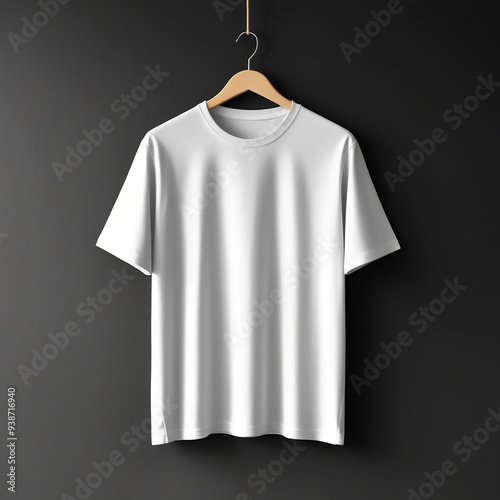 A 3d plain  t-shirt against a white wall. The t-shirt is a simple, classic design with a crew neck and short sleeves.