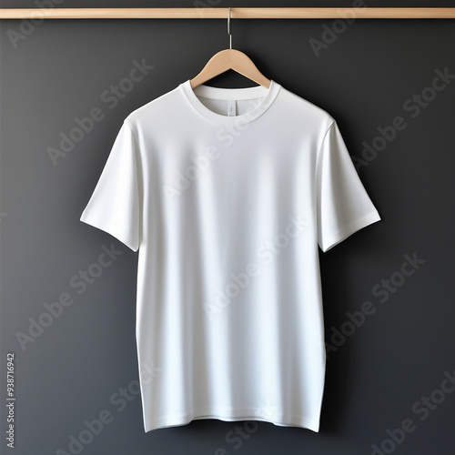 A 3d plain  t-shirt against a white wall. The t-shirt is a simple, classic design with a crew neck and short sleeves.