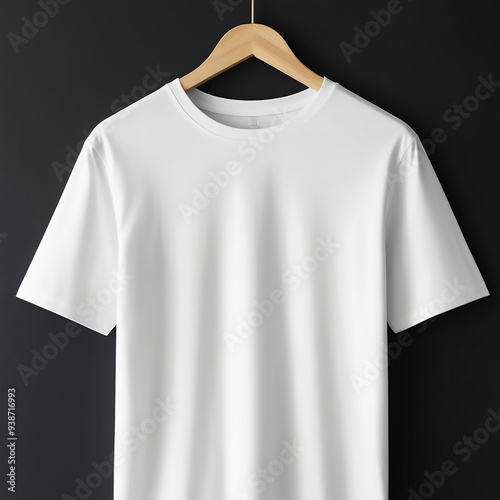 A 3d plain  t-shirt against a white wall. The t-shirt is a simple, classic design with a crew neck and short sleeves.