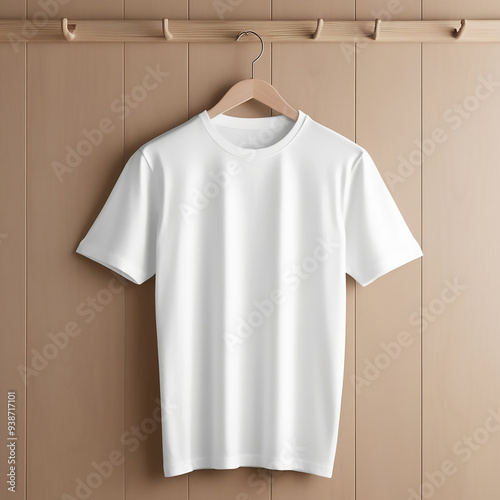 A 3d plain  t-shirt against a white wall. The t-shirt is a simple, classic design with a crew neck and short sleeves.