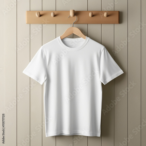 A 3d plain  t-shirt against a white wall. The t-shirt is a simple, classic design with a crew neck and short sleeves.