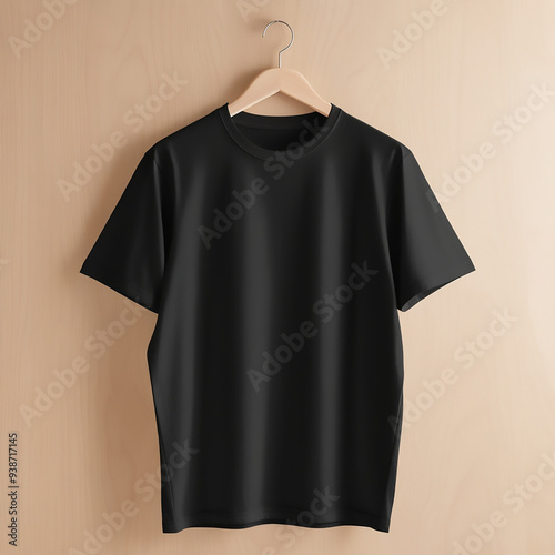 A 3d plain  t-shirt against a white wall. The t-shirt is a simple, classic design with a crew neck and short sleeves.