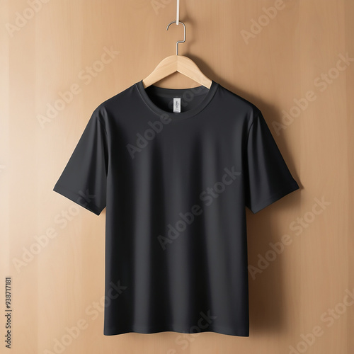 A 3d plain  t-shirt against a white wall. The t-shirt is a simple, classic design with a crew neck and short sleeves.