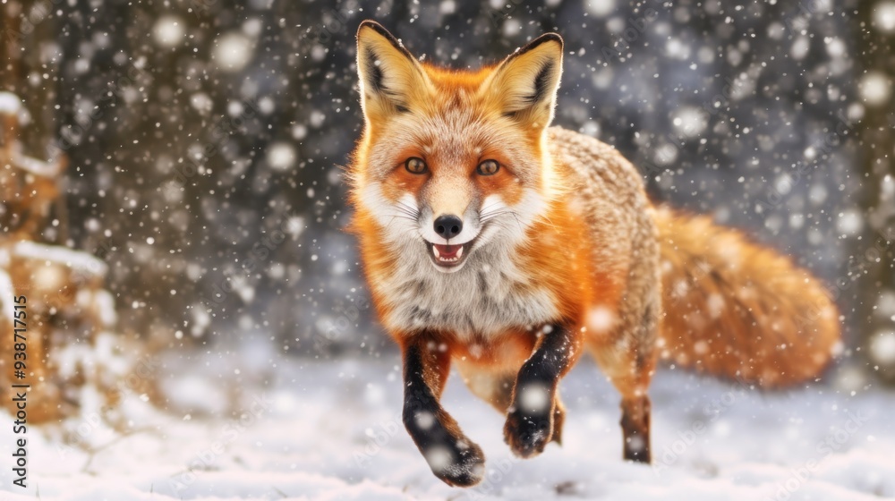 Fototapeta premium A Red Fox Running Through a Snowy Forest