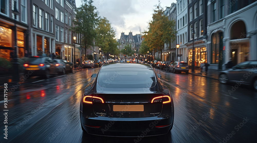 Fototapeta premium Sleek Electric Car Driving Through Rainy City Street During Evening