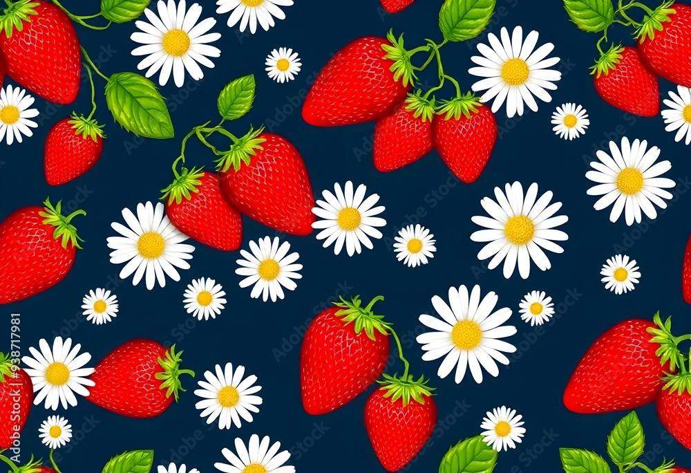 Red strawberries nestled among vibrant white daisies seamless pattern on dark blue background