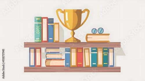 Stack of educational books with a golden cup trophy and medals on a shelf. photo