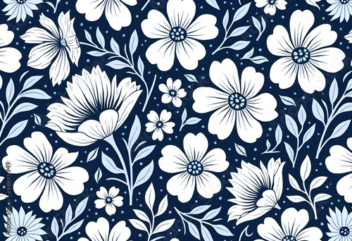 Navy blue and white floral seamless pattern design background