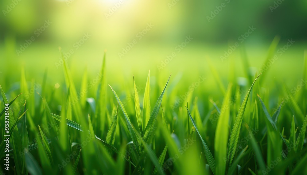 Fototapeta premium Close-up of vibrant green grass illuminated by soft sunlight, creating a serene and fresh outdoor scene.