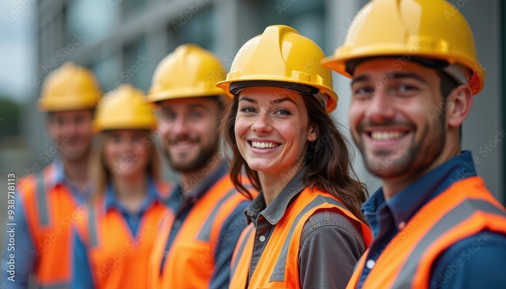 A team of diverse construction workers smiling while wearing safety gear and helmets. A team of diverse construction workers smiling while wearing safety gear and helmets.